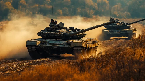 Armored battle tanks advance through dust in golden light