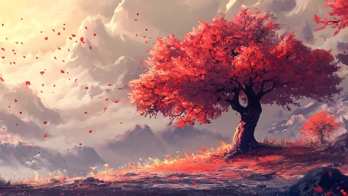 Red tree dominates sunlit mountain valley in digital landscape