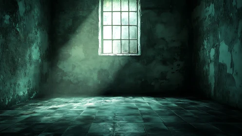 Abandoned concrete room with cold window light and decay.