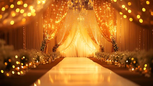 Photorealistic golden wedding aisle with luminous drapery design.