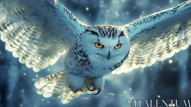 Majestic snowy owl in flight, digital fantasy art style.