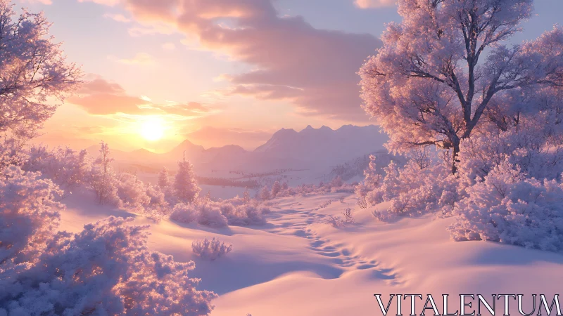 Winter sunrise over snow-covered trees and distant mountains.