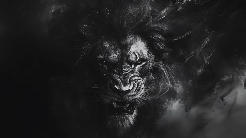 Midnight storm-lion roaring from a churning voidscape.
