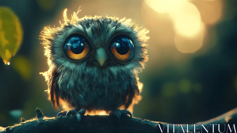Whimsical baby owl with large eyes in dreamy forest light.