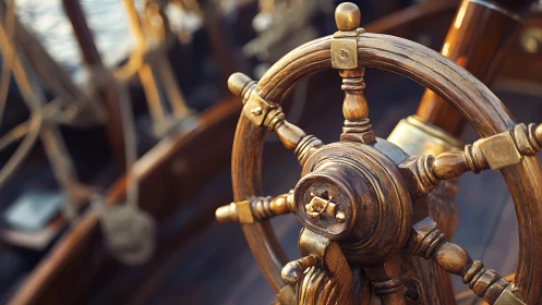 Wooden ship helm with metal fittings in close view.