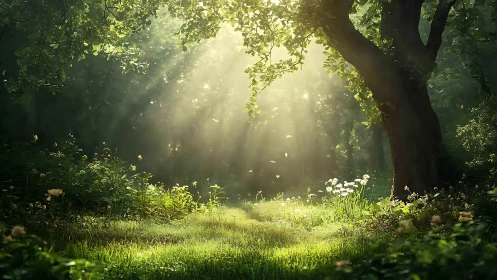 Sunlit Forest Clearing with Wildflowers in Dreamy Nature Style.