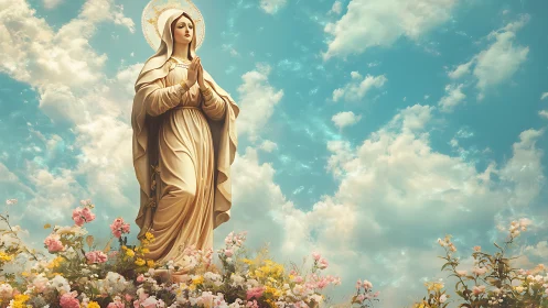 Marian statue rises above floral foreground under luminous sky