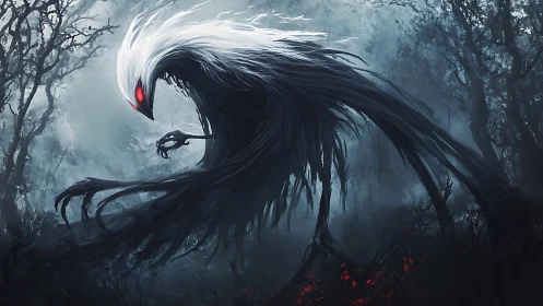 Dark forest wraith with glowing red eyes and white crest
