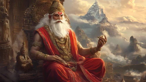 Regal sage in crimson robes contemplates mountains and clouds