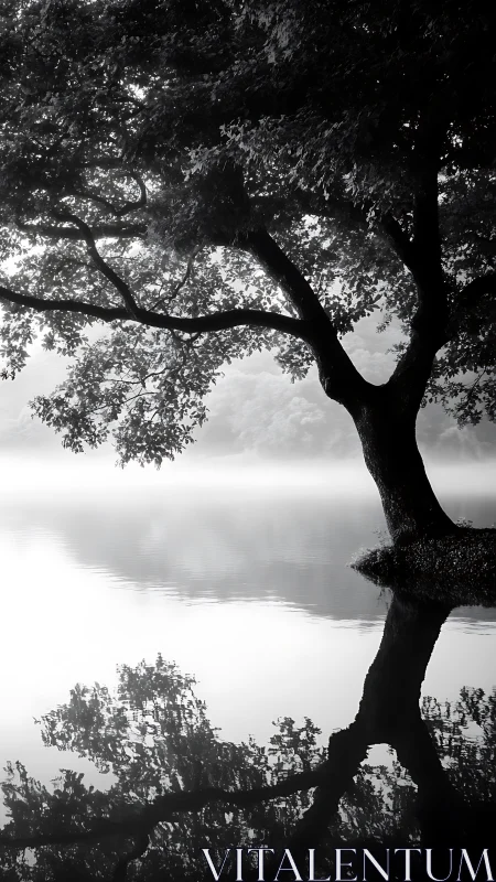 Quiet tree leans into mist, sketching twin worlds in water.