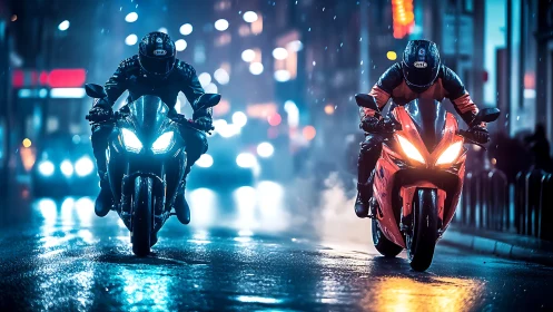Nighttime street riders glowing against the rainy city lights.