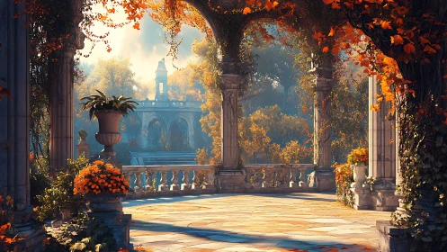 Stone terrace with columns overlooking formal garden.