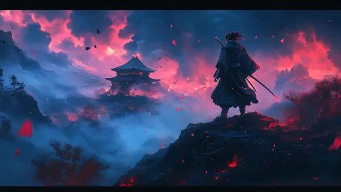 Lone samurai above embered mist and storm-lit temple skies.
