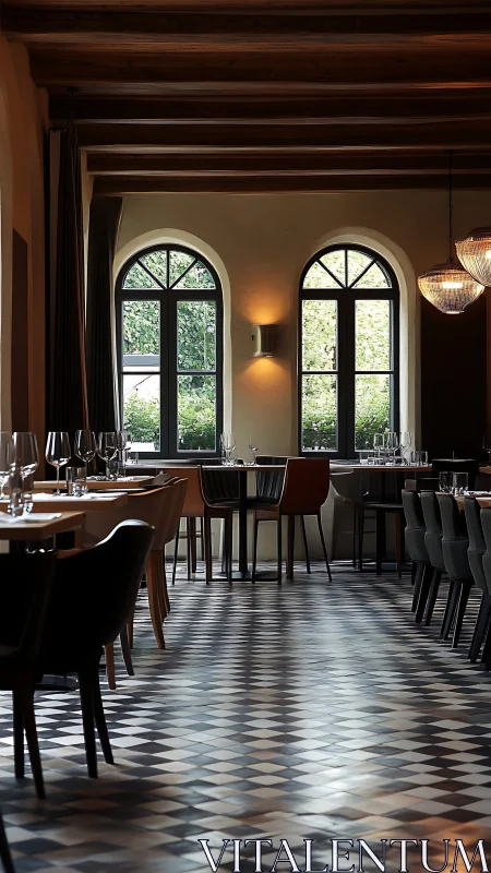 Elegant restaurant interior with arched windows and tiled floor.