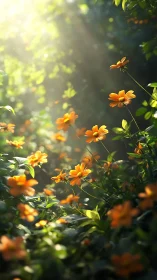Sunlit wildflowers drift upward through a glowing forest hush.