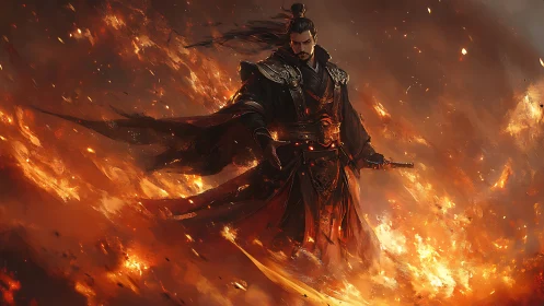 Warrior in blazing armor commands a storm of roaring fire.