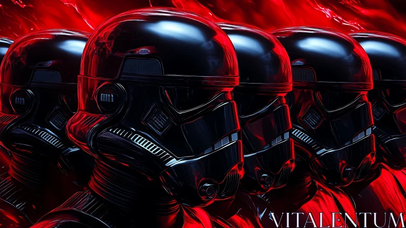 Crimson chrome troopers march through a neon-flooded void