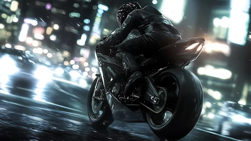 Night rider leans into neon soaked futuristic city street.