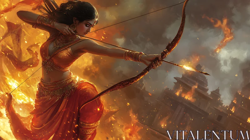 Digital painting of warrior archer amid incendiary temple siege.