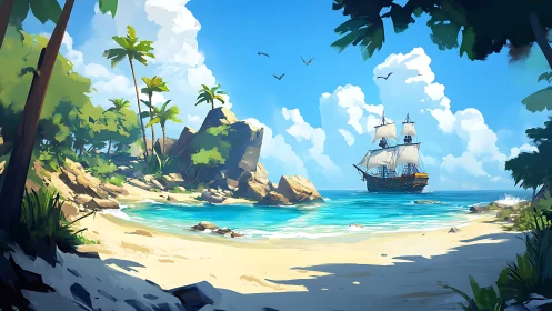 Tropical Paradise: Galleon Sails Golden Waters.