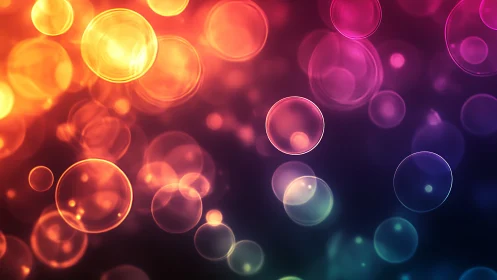 Glowing rainbow bubbles drift softly through dreamy darkness
