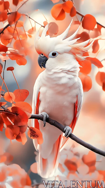 White cockatoo amid vivid orange autumn foliage.