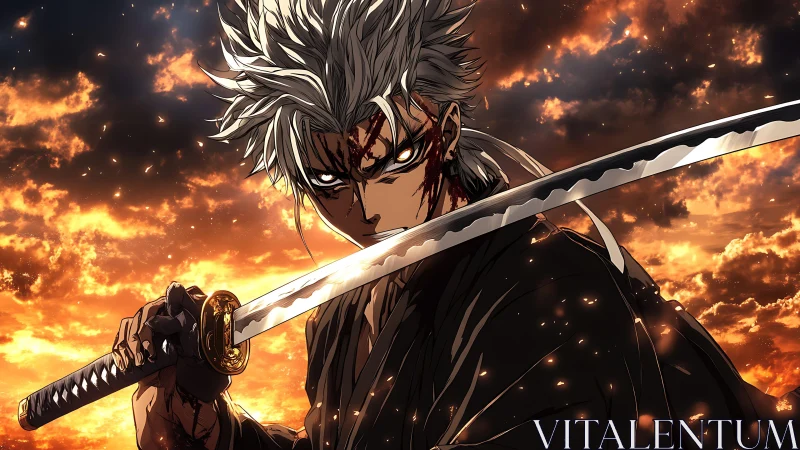 Scarred swordsman holds gleaming katana before burning sky