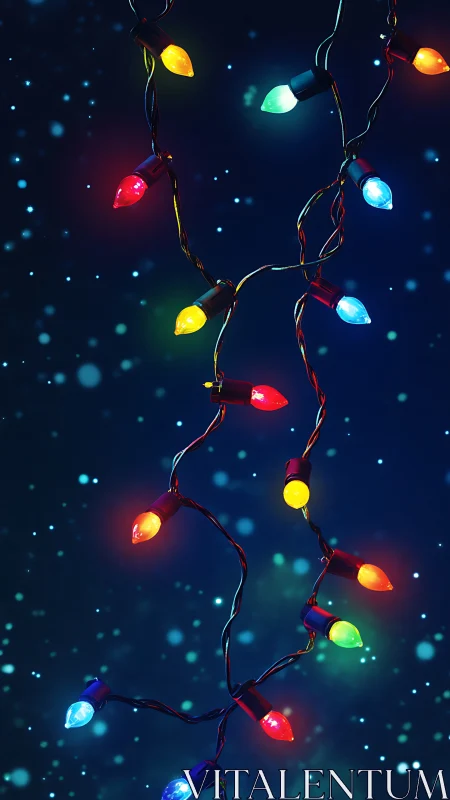 Colorful holiday string lights glowing in a dreamy night sky.