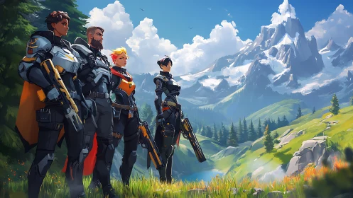 Armored squad observing alpine valley landscape.