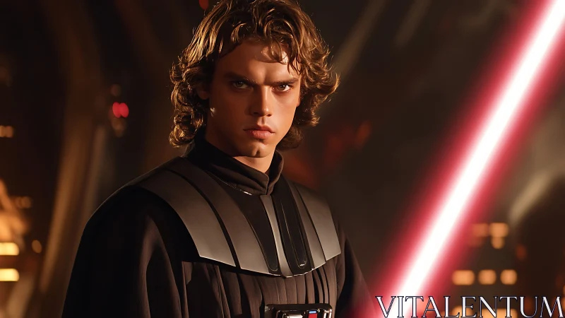 Brooding space knight framed by molten city glow and blade.