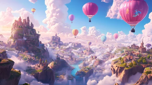 Fantasy valley with castles and colorful hot air balloons.
