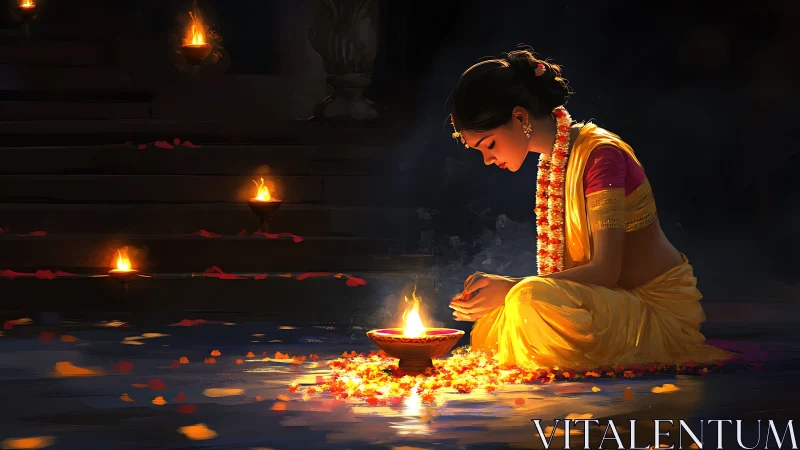 Woman in traditional attire kneels beside illuminated oil lamp