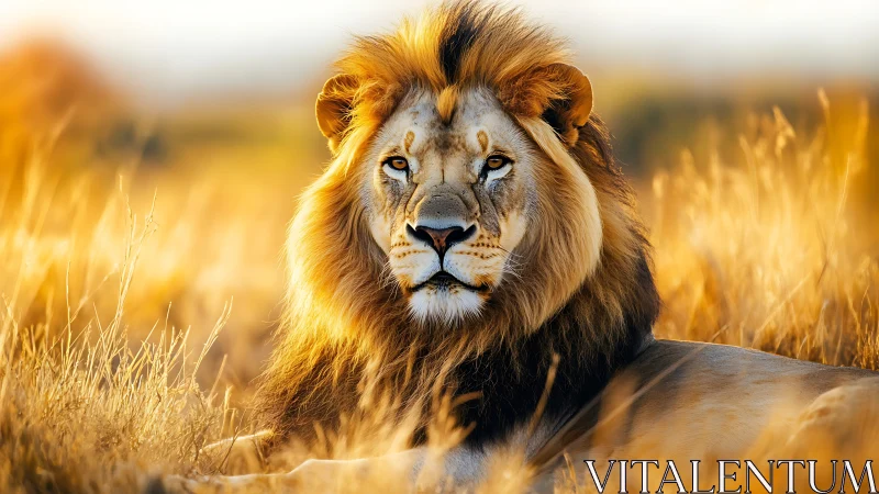 Lion lies in sunlit savanna grass under warm backlighting