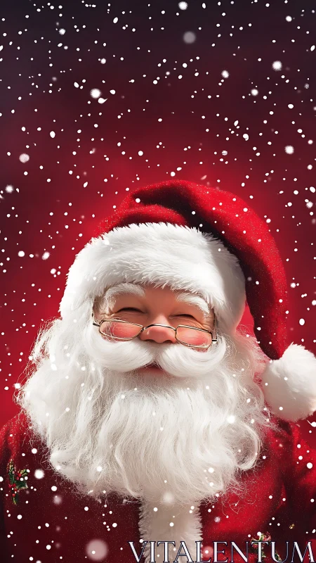 Santa Claus portrait with snowfall on red studio background.