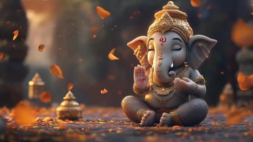 Baby Ganesha idol in autumn leaves with soft golden light.