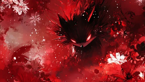 Dark red demon fox with glowing eyes in abstract chaos.