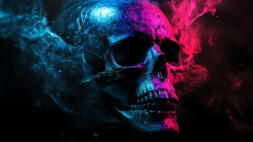 Chromatic skull rendered with neon vapor lighting and high contrast