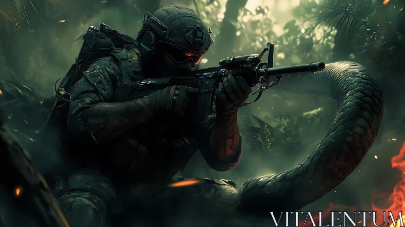 Coiled jungle sniper locked in a neon serpent standoff.
