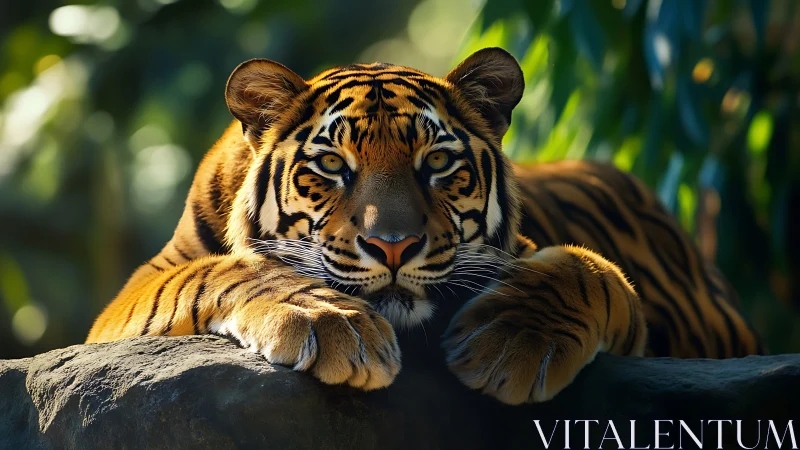Resting Bengal tiger on sunlit rock in dense forest habitat