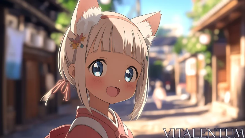 Cat-eared anime girl smiles in bright street scene