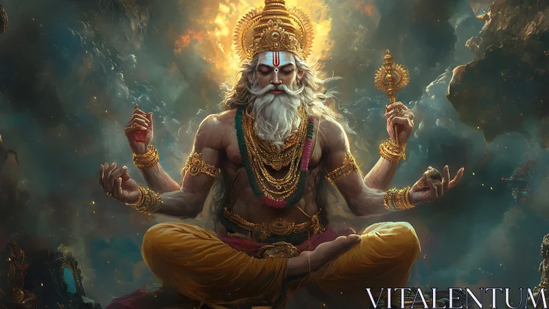 Seated four-armed deity in ornate golden attire, cloudy void.