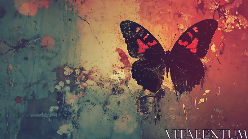 Dark butterfly against textured teal and orange wall background.