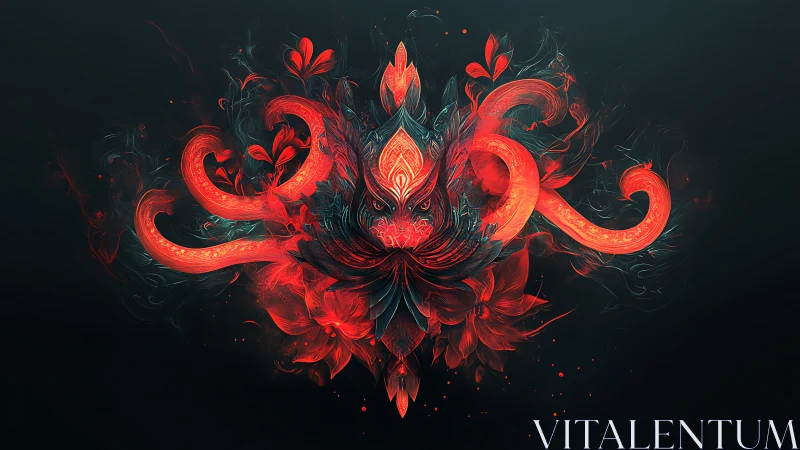 Abstract red fiery creature with floral and tentacle forms.