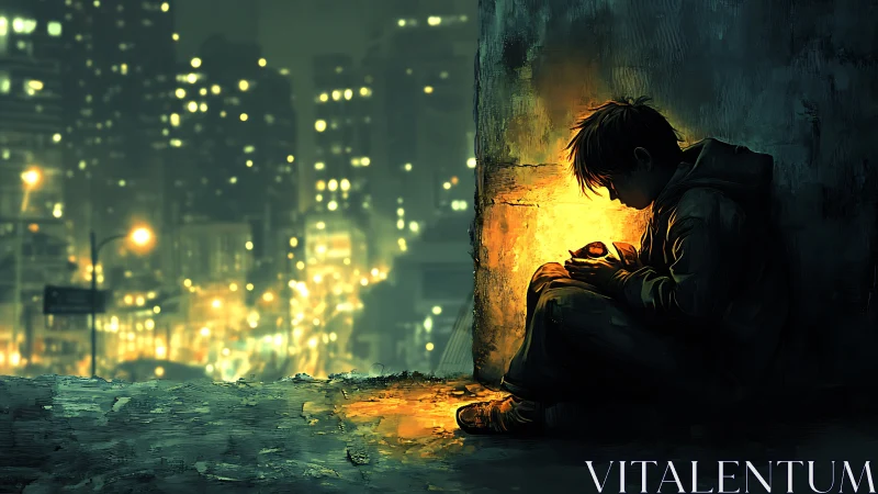 Quiet city corner where a small light cradles a lonely heart.