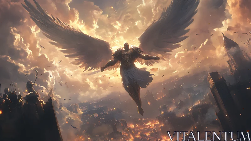 Armored winged figure descends above burning fortified cityscape