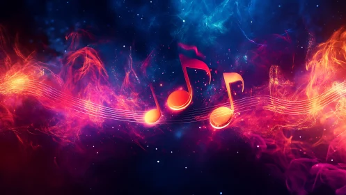 Luminous music notes swirling through neon cosmic flames.