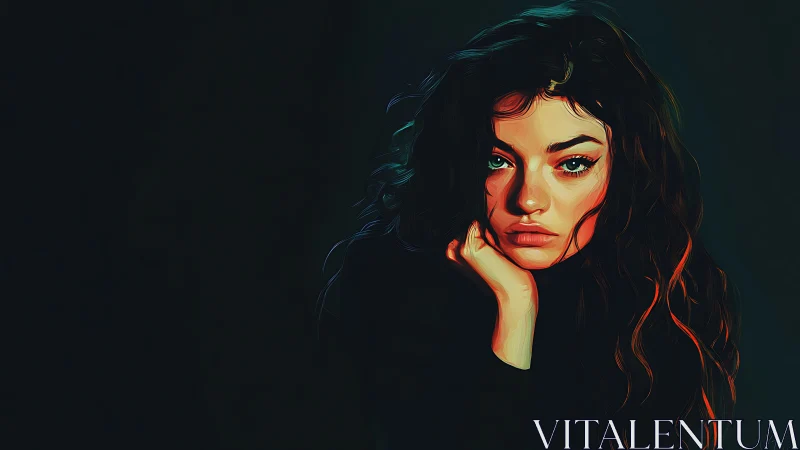 Moody digital portrait of pensive woman on dark ground.