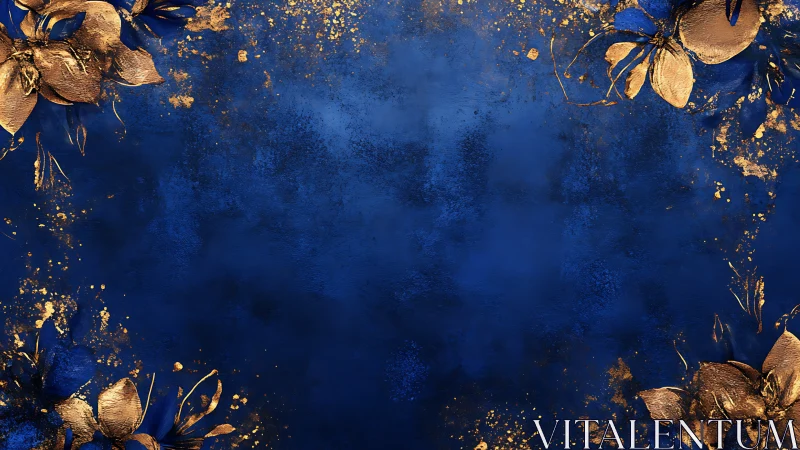 Midnight sapphire canvas framed by molten gold florals.