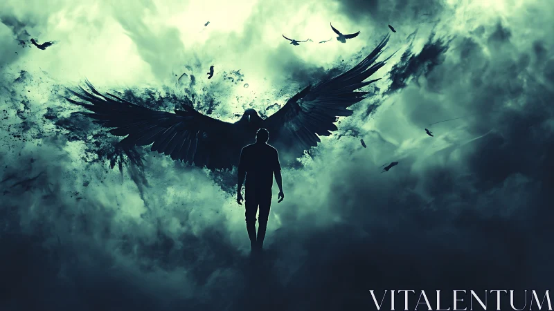 Shadowed figure merges with vast black wings in storm clouds