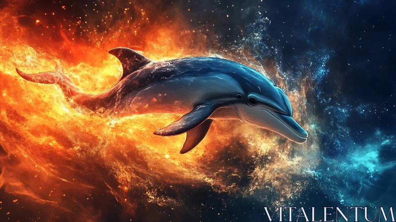 Dolphin swimming through fiery water against dark sea.